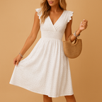 Women’s white sleeveless midi dress with ruffle details, lightweight and breathable, perfect for summer days, parties, and vacations.