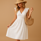 Women’s white sleeveless midi dress with ruffle details, lightweight and breathable, perfect for summer days, parties, and vacations.