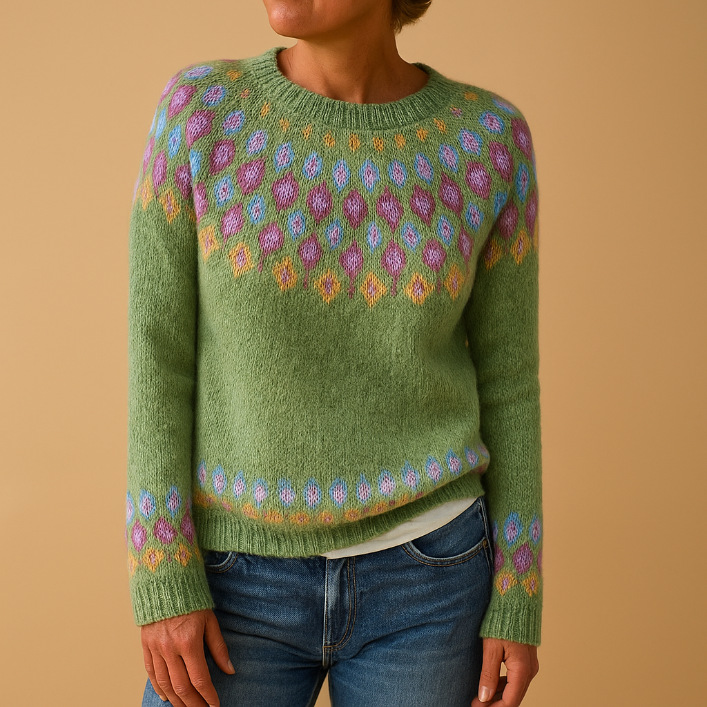 Women’s wool sweater with unique print, classic fit, and soft wool blend. Perfect for casual jeans or elegant skirt outfits in colder seasons.