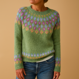 Women’s wool sweater with unique print, classic fit, and soft wool blend. Perfect for casual jeans or elegant skirt outfits in colder seasons.