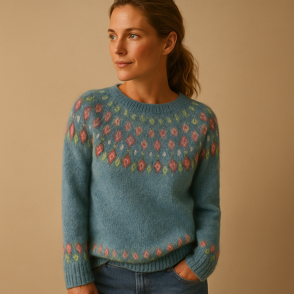 Women’s wool sweater with unique print, classic fit, and soft wool blend. Perfect for casual jeans or elegant skirt outfits in colder seasons.