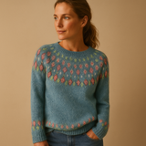 Women’s wool sweater with unique print, classic fit, and soft wool blend. Perfect for casual jeans or elegant skirt outfits in colder seasons.