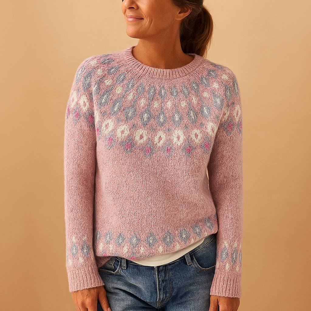 Women’s wool sweater with unique print, classic fit, and soft wool blend. Perfect for casual jeans or elegant skirt outfits in colder seasons.