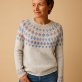 Women’s wool sweater with unique print, classic fit, and soft wool blend. Perfect for casual jeans or elegant skirt outfits in colder seasons.