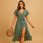 Women’s wrap dress with V-neck, asymmetrical skirt, and playful print, ideal for summer holidays, garden parties, and evenings out.