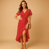 Wrap dress with V-neck for women | Grace-Dresses-Darling Fashion-Red-S-Darling Fashion