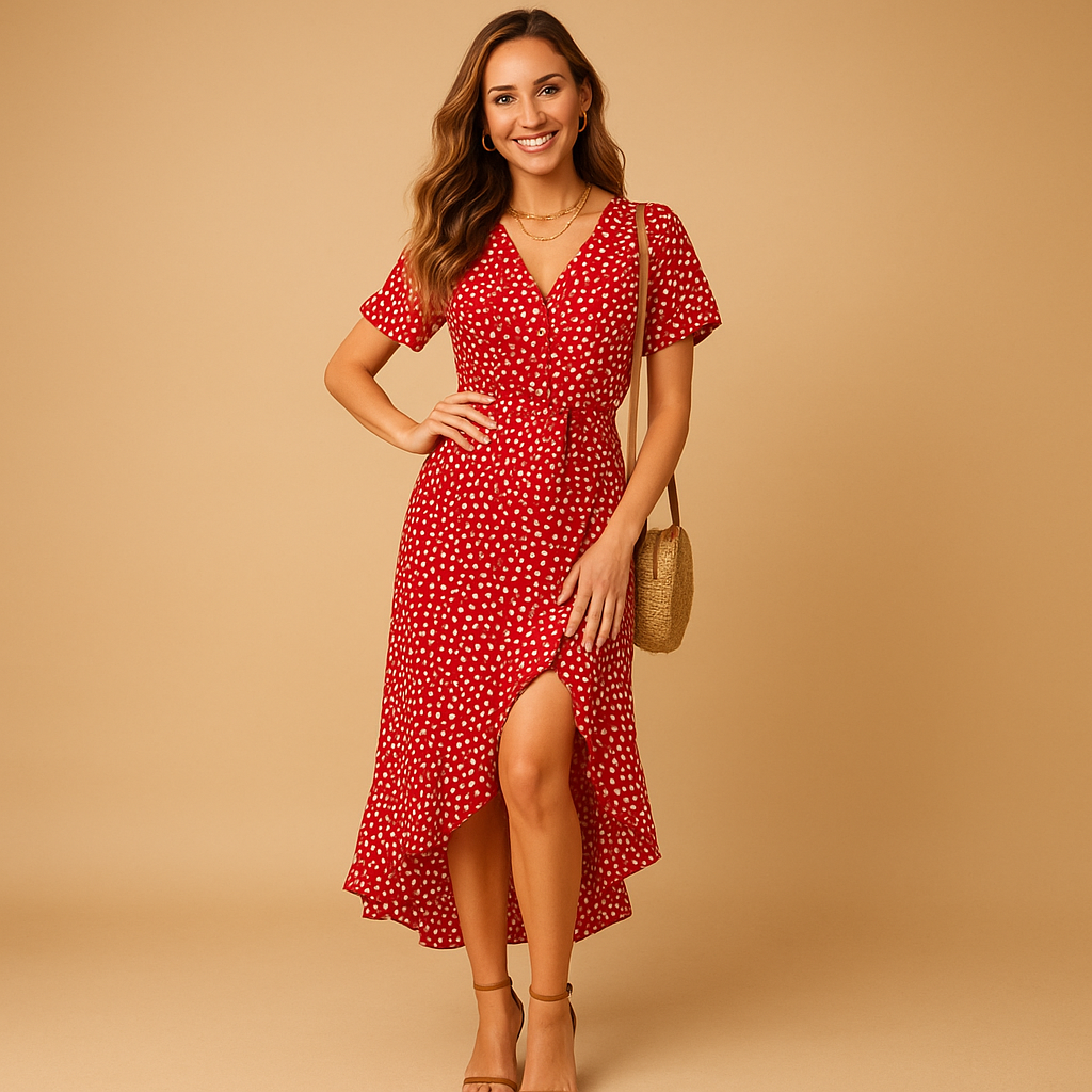 Women’s wrap dress with V-neck, asymmetrical skirt, and playful print, ideal for summer holidays, garden parties, and evenings out.