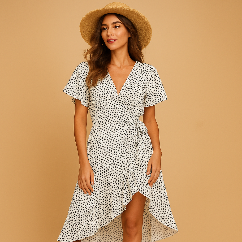 Women’s wrap dress with V-neck, asymmetrical skirt, and playful print, ideal for summer holidays, garden parties, and evenings out.